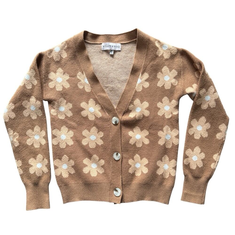Willow & Wind Womens’ Daisy Floral Tan Knitted Cardigan Sweater Size XS